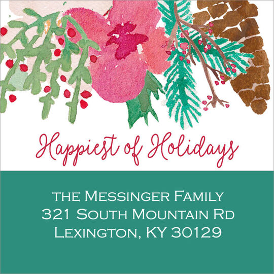 Green Christmas Branches Square Address Labels